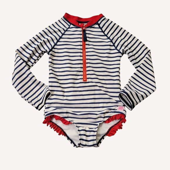 Ruffle Butts Stripe Long Sleeve One Piece Size 5 Blue White Stripe Red Ruffles - Picture 1 of 4